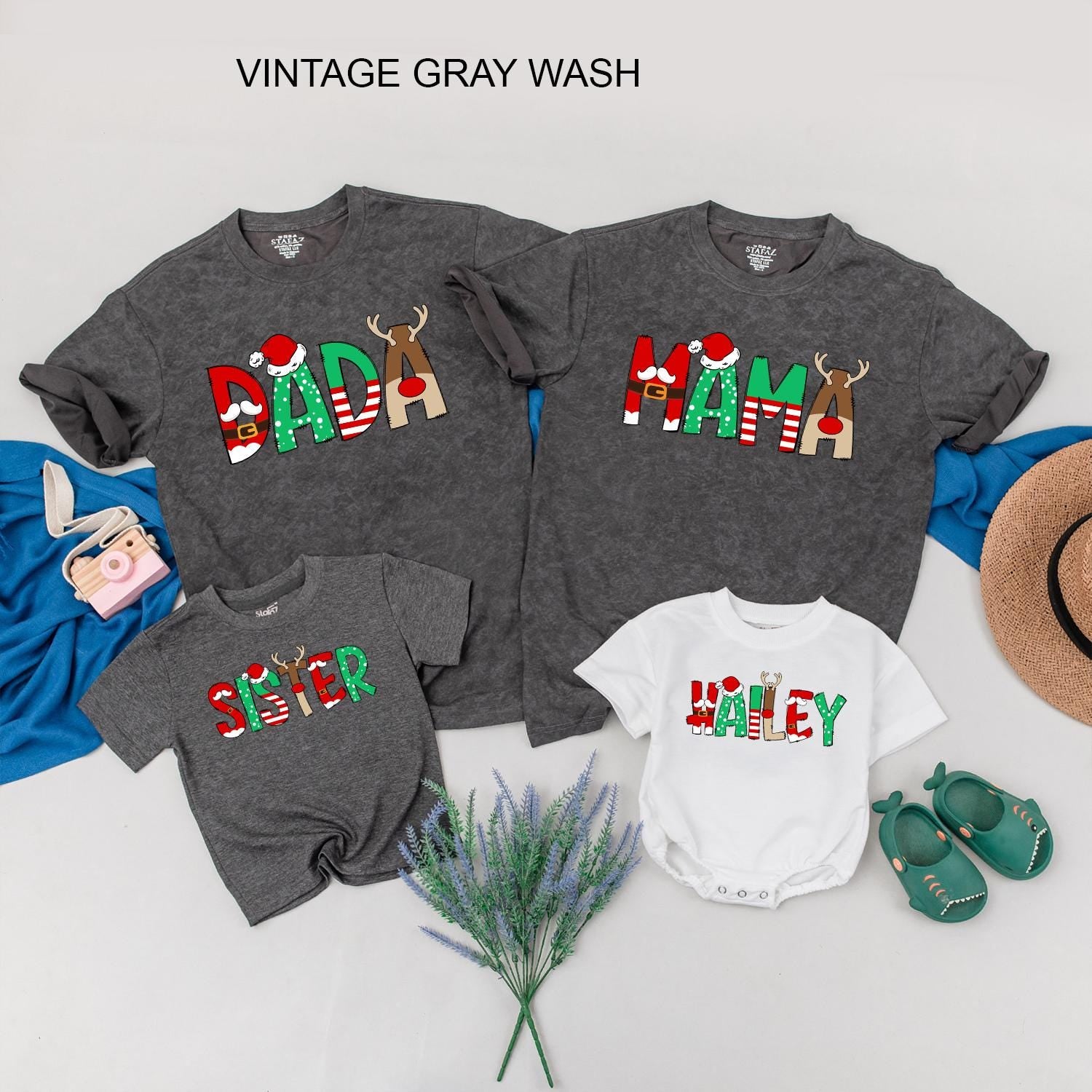 Matching Family Christmas Shirts with Custom Santa Letter Block Designs Holiday Red Green Antler Tees Baby Romper Festive Gift