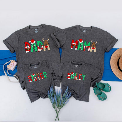 Matching Family Christmas Shirts with Custom Santa Letter Block Designs Holiday Red Green Antler Tees Baby Romper Festive Gift