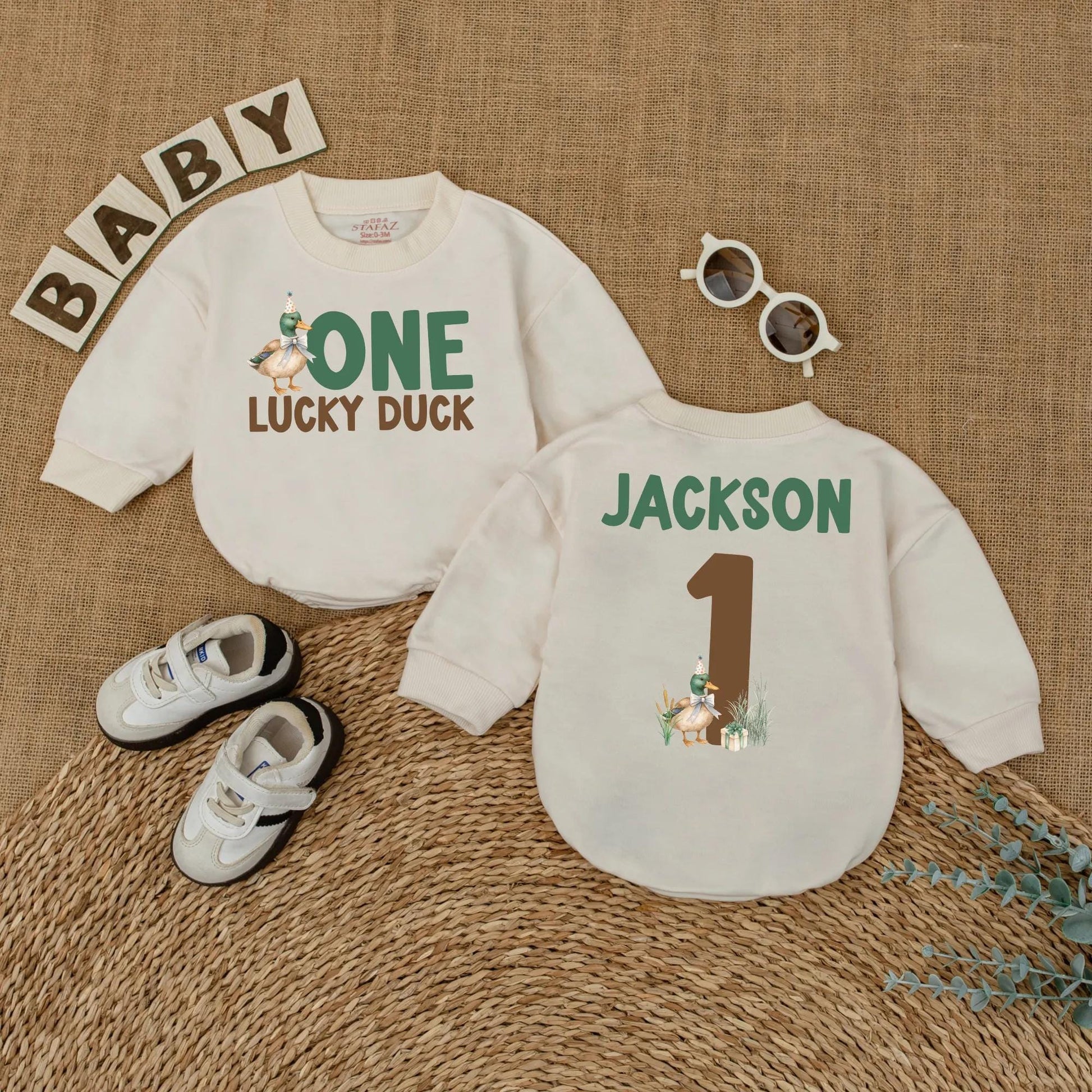 One Lucky Duck Personalized 1st Birthday Romper, Custom Name Mallard Outfit, Green and Brown Duckling Party, First Birthday Outfit, Baby Boy Gift (139)