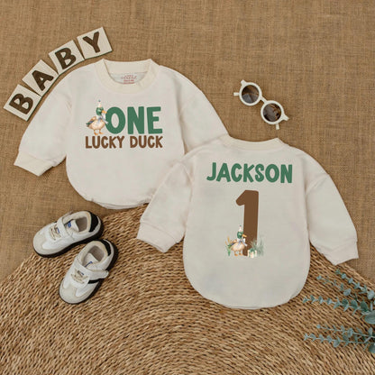 One Lucky Duck Personalized 1st Birthday Romper, Custom Name Mallard Outfit, Green and Brown Duckling Party, First Birthday Outfit, Baby Boy Gift (139)
