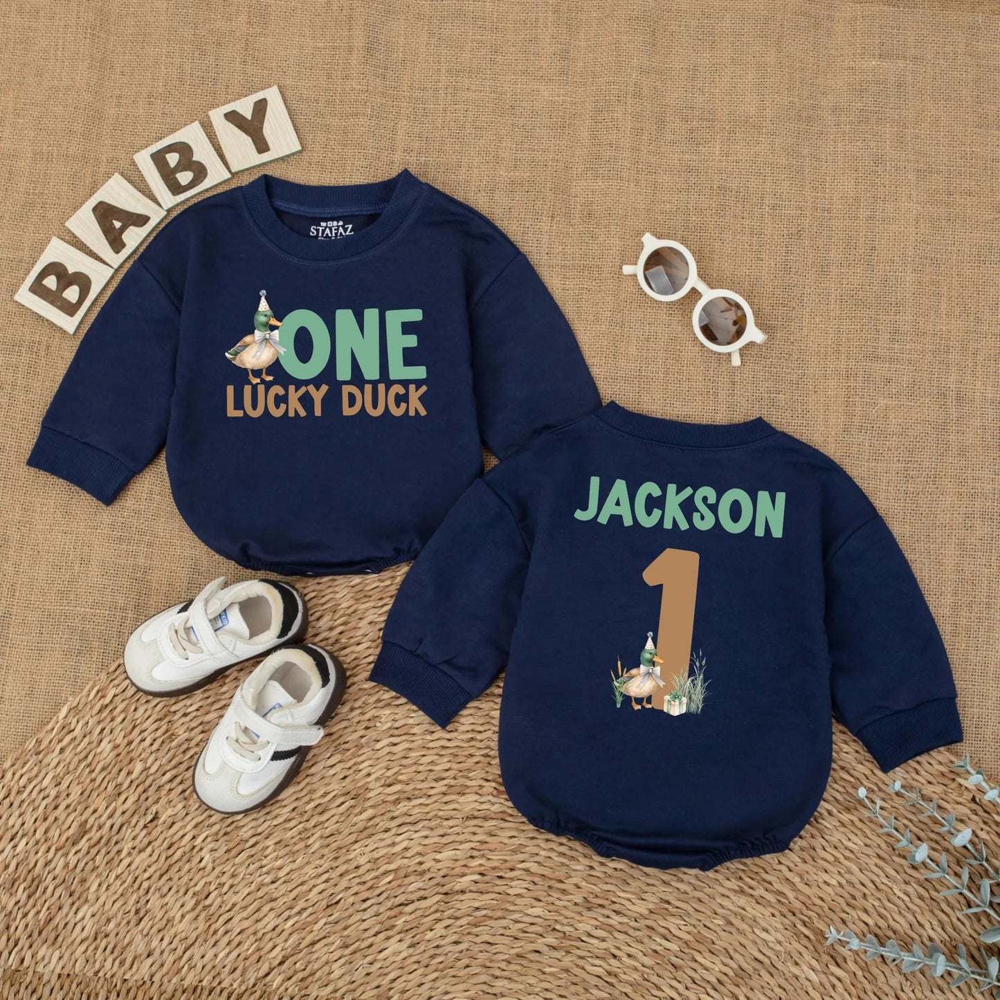 One Lucky Duck Personalized 1st Birthday Romper, Custom Name Mallard Outfit, Green and Brown Duckling Party, First Birthday Outfit, Baby Boy Gift (139)
