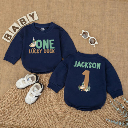 One Lucky Duck Personalized 1st Birthday Romper, Custom Name Mallard Outfit, Green and Brown Duckling Party, First Birthday Outfit, Baby Boy Gift (139)