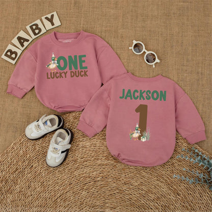 One Lucky Duck Personalized 1st Birthday Romper, Custom Name Mallard Outfit, Green and Brown Duckling Party, First Birthday Outfit, Baby Boy Gift (139)