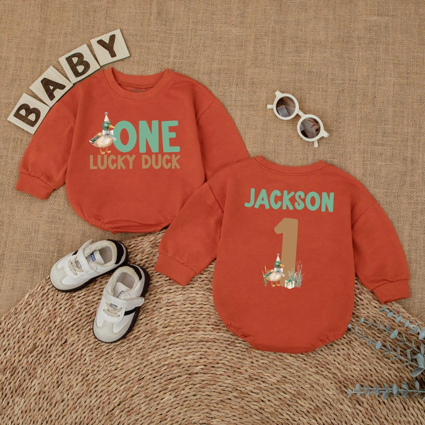One Lucky Duck Personalized 1st Birthday Romper, Custom Name Mallard Outfit, Green and Brown Duckling Party, First Birthday Outfit, Baby Boy Gift (139)