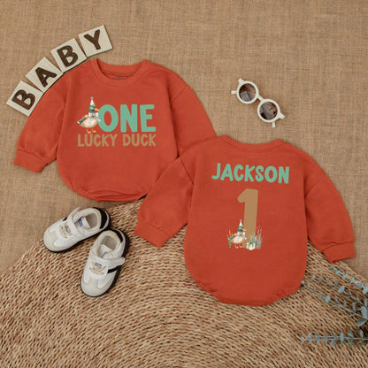One Lucky Duck Personalized 1st Birthday Romper, Custom Name Mallard Outfit, Green and Brown Duckling Party, First Birthday Outfit, Baby Boy Gift (139)