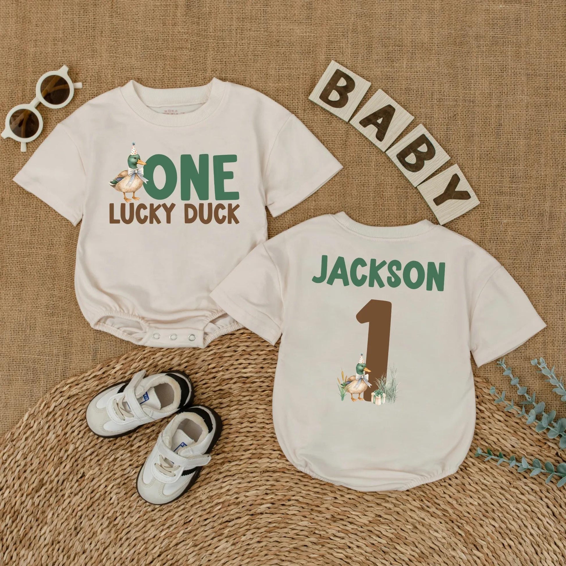 One Lucky Duck Personalized 1st Birthday Romper, Custom Name Mallard Outfit, Green and Brown Duckling Party, First Birthday Outfit, Baby Boy Gift (139)