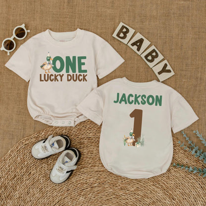 One Lucky Duck Personalized 1st Birthday Romper, Custom Name Mallard Outfit, Green and Brown Duckling Party, First Birthday Outfit, Baby Boy Gift (139)