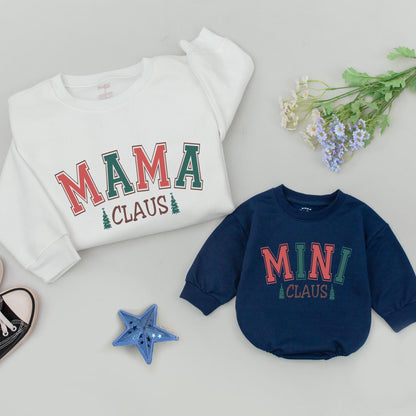 Personalized Retro Mama Dada Mini Claus Family Matching Christmas Sweatshirts Vintage Red Green Block Letter Baby Romper Holiday Outfit
