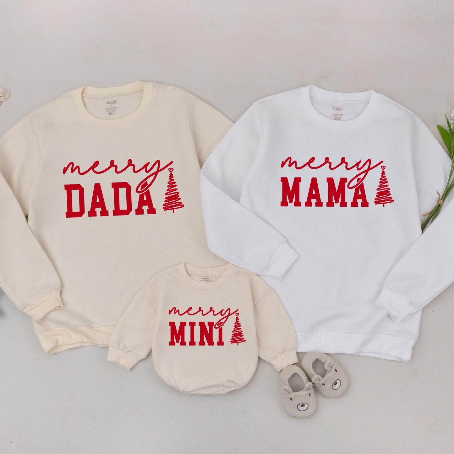 Custom Merry Mama Mini Sweatshirts Red Ink Cursive "Merry" Block "MAMA" "DADA" "MINI" Christmas Tree Heart Family Matching Outfit Mom Baby Gift