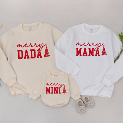 Custom Merry Mama Mini Sweatshirts Red Ink Cursive "Merry" Block "MAMA" "DADA" "MINI" Christmas Tree Heart Family Matching Outfit Mom Baby Gift