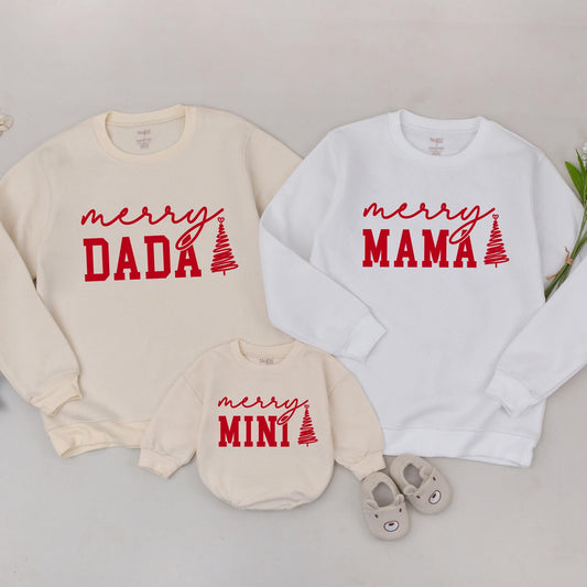 Custom Merry Mama Mini Sweatshirts Red Ink Cursive "Merry" Block "MAMA" "DADA" "MINI" Christmas Tree Heart Family Matching Outfit Mom Baby Gift