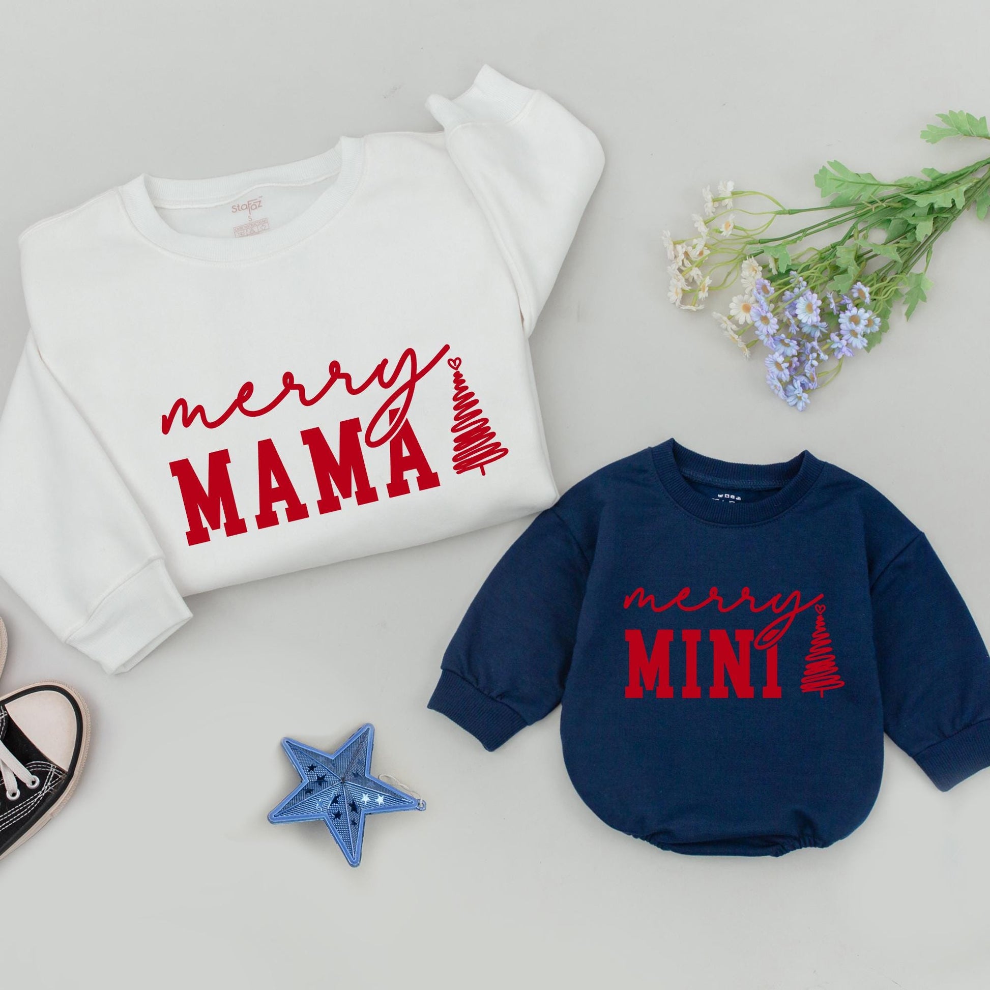 Custom Merry Mama Mini Sweatshirts Red Ink Cursive "Merry" Block "MAMA" "DADA" "MINI" Christmas Tree Heart Family Matching Outfit Mom Baby Gift