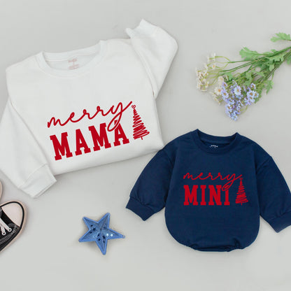 Custom Merry Mama Mini Sweatshirts Red Ink Cursive "Merry" Block "MAMA" "DADA" "MINI" Christmas Tree Heart Family Matching Outfit Mom Baby Gift