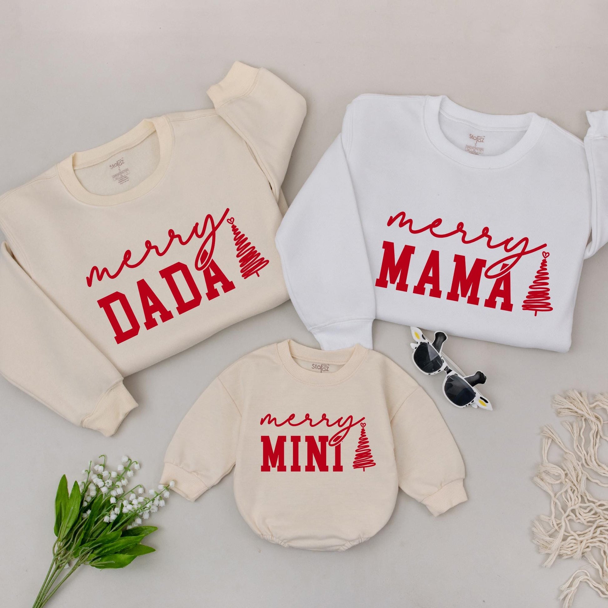 Custom Merry Mama Mini Sweatshirts Red Ink Cursive "Merry" Block "MAMA" "DADA" "MINI" Christmas Tree Heart Family Matching Outfit Mom Baby Gift