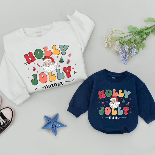 Matching Holly Jolly Mama Mini Christmas Sweatshirts, Retro Family Holiday Sweaters, Mommy and Me Gift, Vintage Design, Baby & Toddler