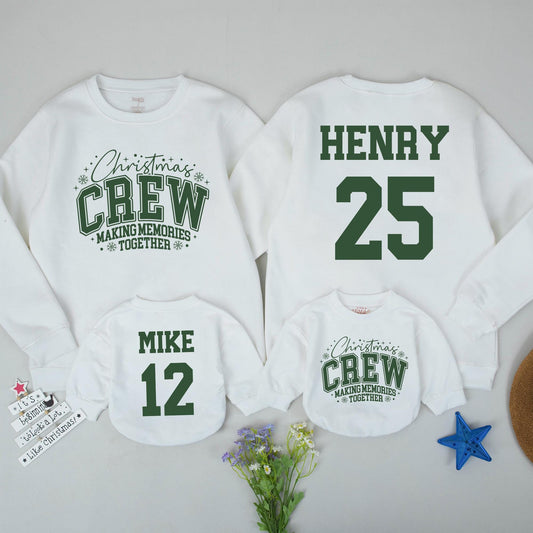 Personalized Christmas Crew Matching Sweatshirts, Retro Holiday Family Sweaters, Custom Name & Number, Vintage Green Christmas Outfit, Baby Gift (139 chars)