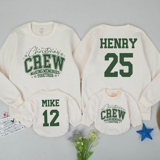 Personalized Christmas Crew Matching Sweatshirts, Retro Holiday Family Sweaters, Custom Name & Number, Vintage Green Christmas Outfit, Baby Gift (139 chars)