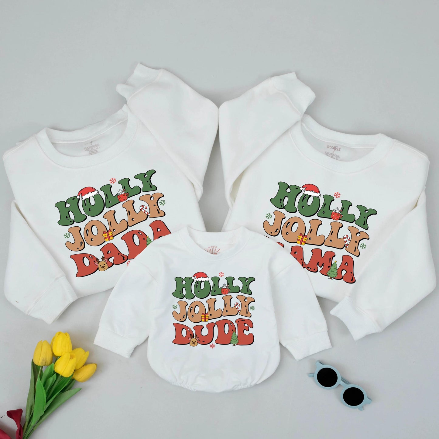 Matching Holly Jolly Family Christmas Outfits, Retro Graphic Tees & Romper, Holiday 2025, Mama, Dada, Dude, Baby Announcement Gift