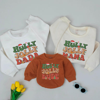 Matching Holly Jolly Family Christmas Outfits, Retro Graphic Tees & Romper, Holiday 2025, Mama, Dada, Dude, Baby Announcement Gift