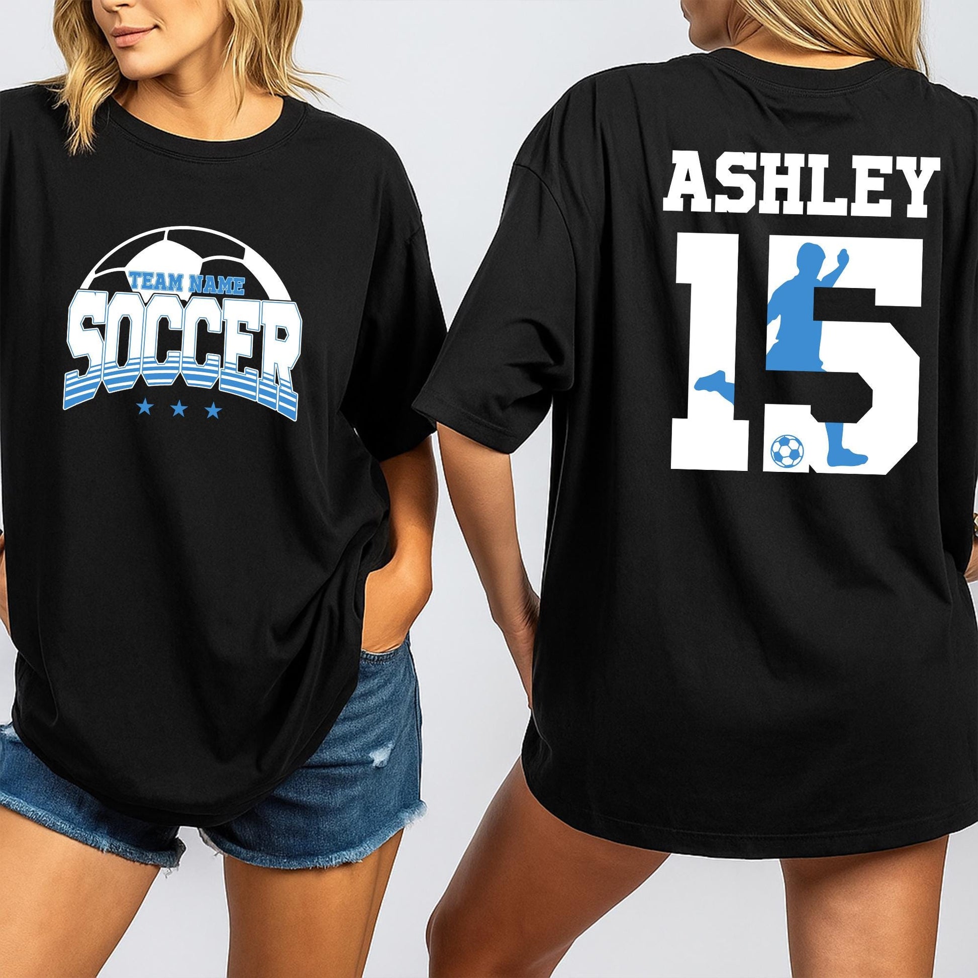 Custom Soccer Sweatshirt Blue White Front SOCCER Team Name Name 15 Ashley Player Back