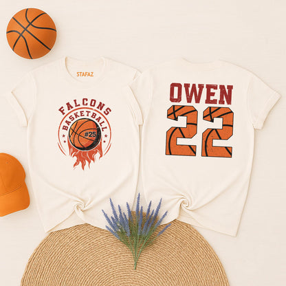 Custom Basketball Name Number Sweater Shirt Falcons Team Fan Gift Game Day Apparel for Mom Dad Players Unique Stars Flames Design