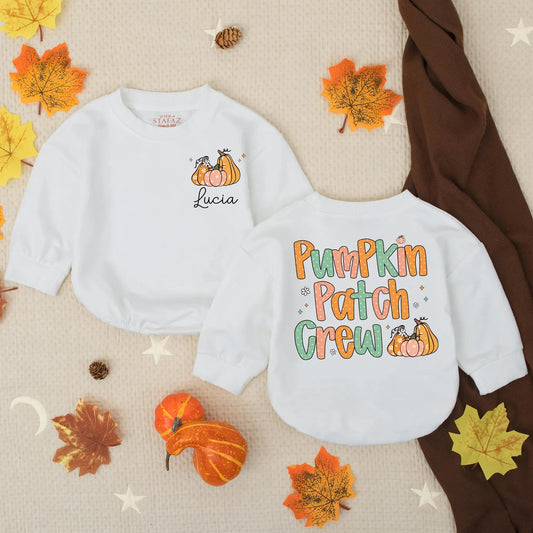 Personalized Pumpkin Patch Crew Fall Bubble Romper for Baby Girls, Custom Name Thanksgiving Toddler Outfit with Whimsical Pumpkins Flowers Stars