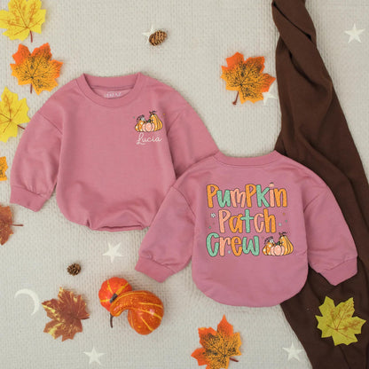 Personalized Pumpkin Patch Crew Fall Bubble Romper for Baby Girls, Custom Name Thanksgiving Toddler Outfit with Whimsical Pumpkins Flowers Stars