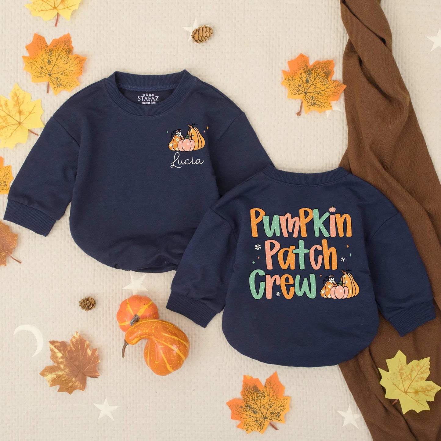 Personalized Pumpkin Patch Crew Fall Bubble Romper for Baby Girls, Custom Name Thanksgiving Toddler Outfit with Whimsical Pumpkins Flowers Stars