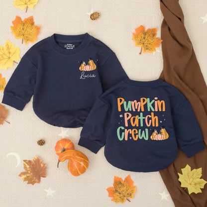 Personalized Pumpkin Patch Crew Fall Bubble Romper for Baby Girls, Custom Name Thanksgiving Toddler Outfit with Whimsical Pumpkins Flowers Stars