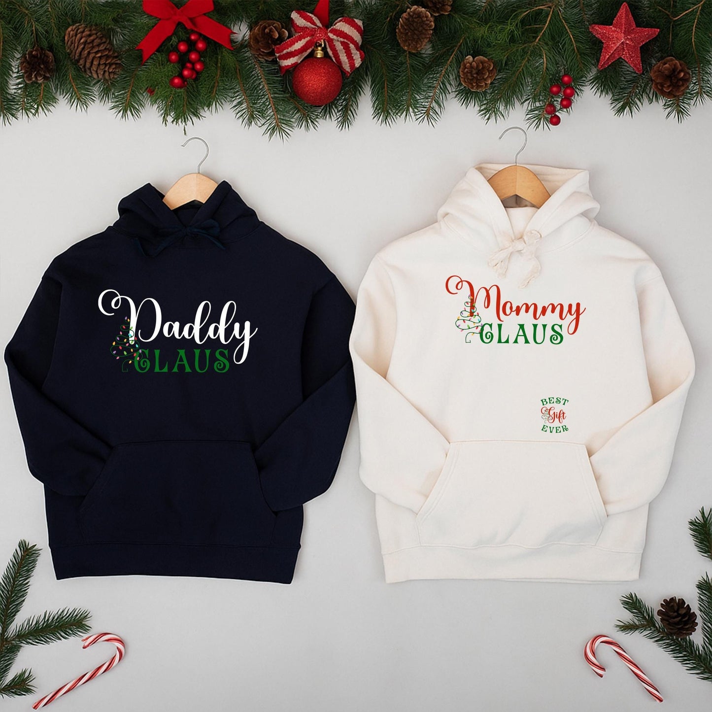 Mommy Daddy Claus Matching Christmas Baby Announcement Sweatshirts for Parents with Festive Red Green Tree Design, Best Holiday Gift Ever