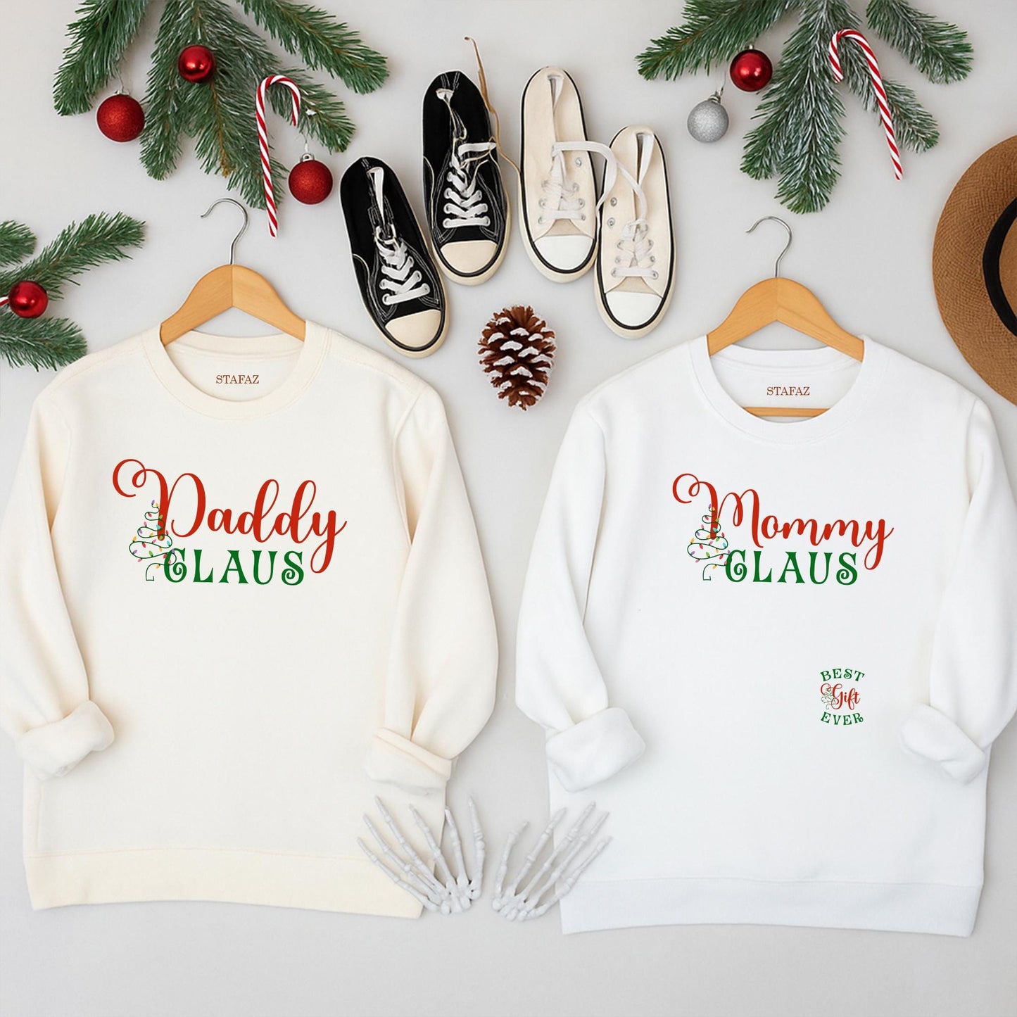 Mommy Daddy Claus Matching Christmas Baby Announcement Sweatshirts for Parents with Festive Red Green Tree Design, Best Holiday Gift Ever