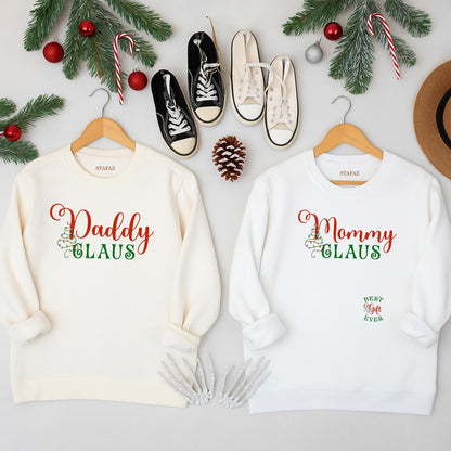 Mommy Daddy Claus Matching Christmas Baby Announcement Sweatshirts for Parents with Festive Red Green Tree Design, Best Holiday Gift Ever