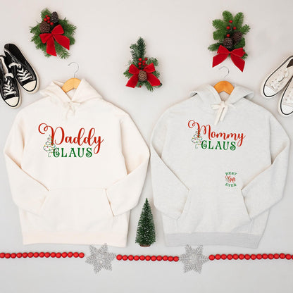 Mommy Daddy Claus Matching Christmas Baby Announcement Sweatshirts for Parents with Festive Red Green Tree Design, Best Holiday Gift Ever