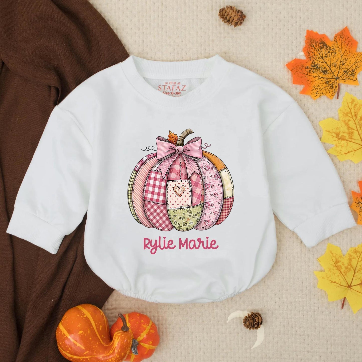 Rylie Marie Pink Patchwork Pumpkin Bubble Romper Custom Name Autumn Toddler Baby Girl Thanksgiving Outfit Vintage Quilt Style Cute Floral Stripes