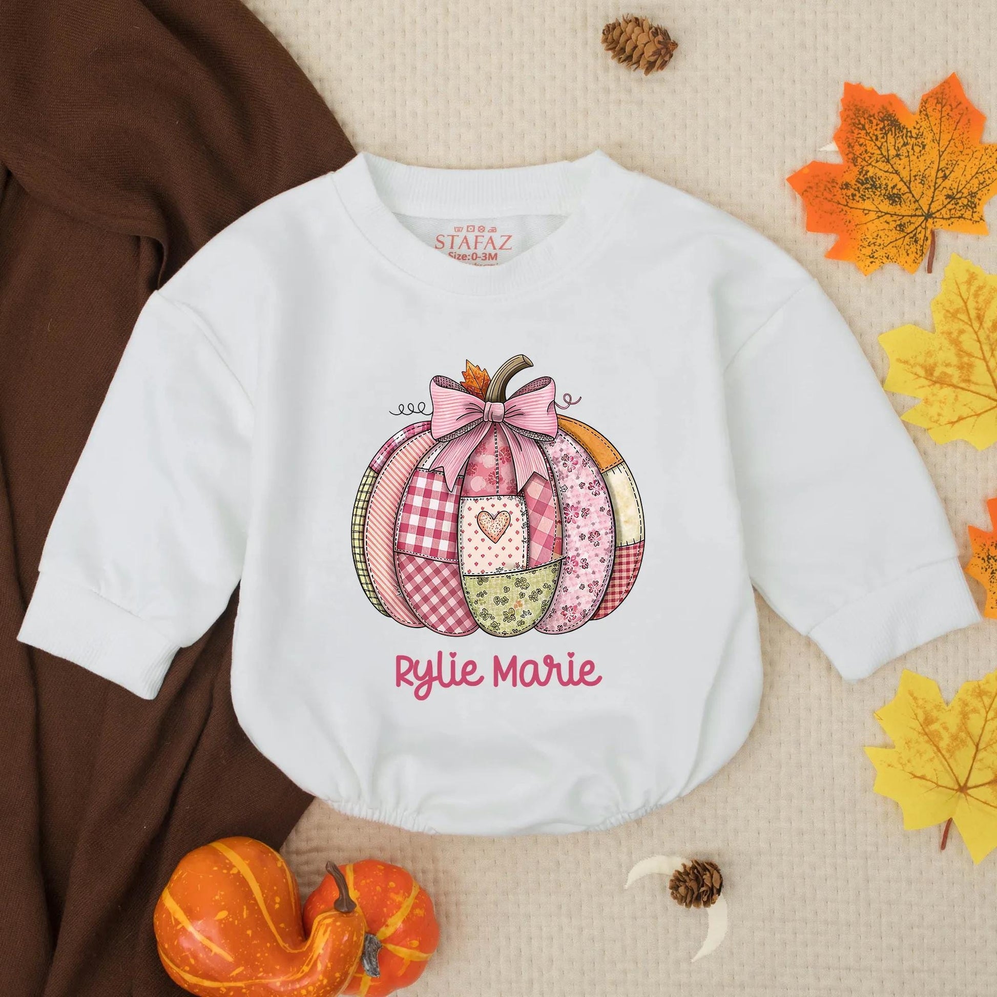Rylie Marie Pink Patchwork Pumpkin Bubble Romper Custom Name Autumn Toddler Baby Girl Thanksgiving Outfit Vintage Quilt Style Cute Floral Stripes