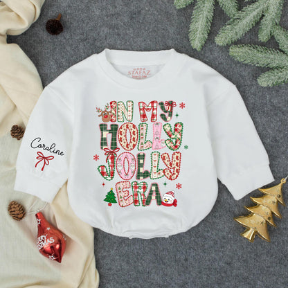 Custom In My Holly Jolly Era Christmas Baby Girl Bubble Romper Outfit, Personalized Toddler Holiday Bodysuit, Winter Baby Shower Gift