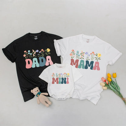 Retro Mama Mini Dada Matching Shirts Wildflower Design Mommy and Me Outfit Family T-Shirts Vintage Style Playful Mother's Day Gift Cotton Blend (138 chars)