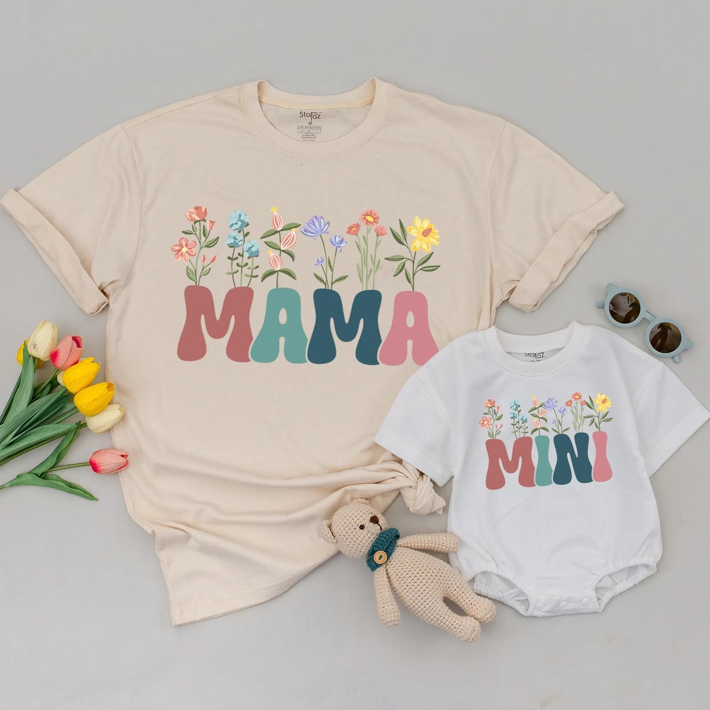 Retro Mama Mini Dada Matching Shirts Wildflower Design Mommy and Me Outfit Family T-Shirts Vintage Style Playful Mother's Day Gift Cotton Blend (138 chars)