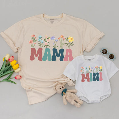 Retro Mama Mini Dada Matching Shirts Wildflower Design Mommy and Me Outfit Family T-Shirts Vintage Style Playful Mother's Day Gift Cotton Blend (138 chars)
