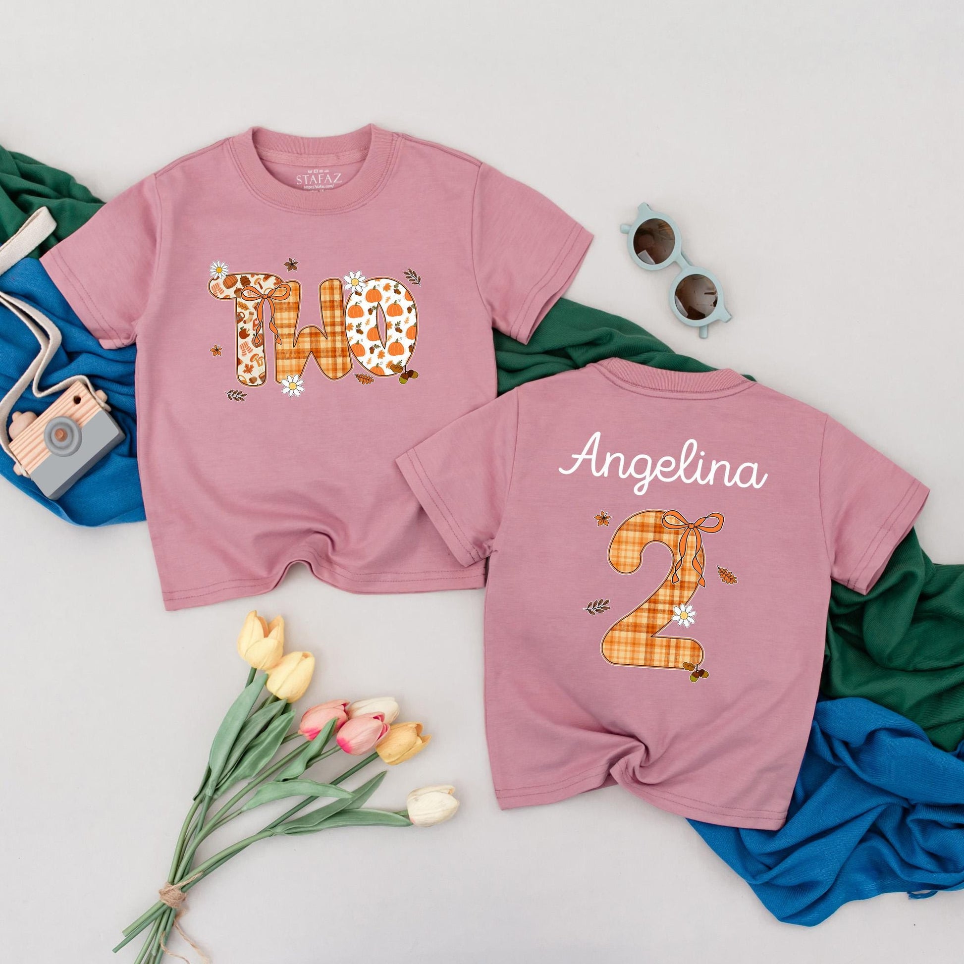 Personalized Fall Pumpkin Two Birthday Shirt Toddler Girl 2nd Celebration Outfit with Plaid Leaves Daisy Design Thanksgiving Gift Idea