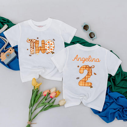 Personalized Fall Pumpkin Two Birthday Shirt Toddler Girl 2nd Celebration Outfit with Plaid Leaves Daisy Design Thanksgiving Gift Idea