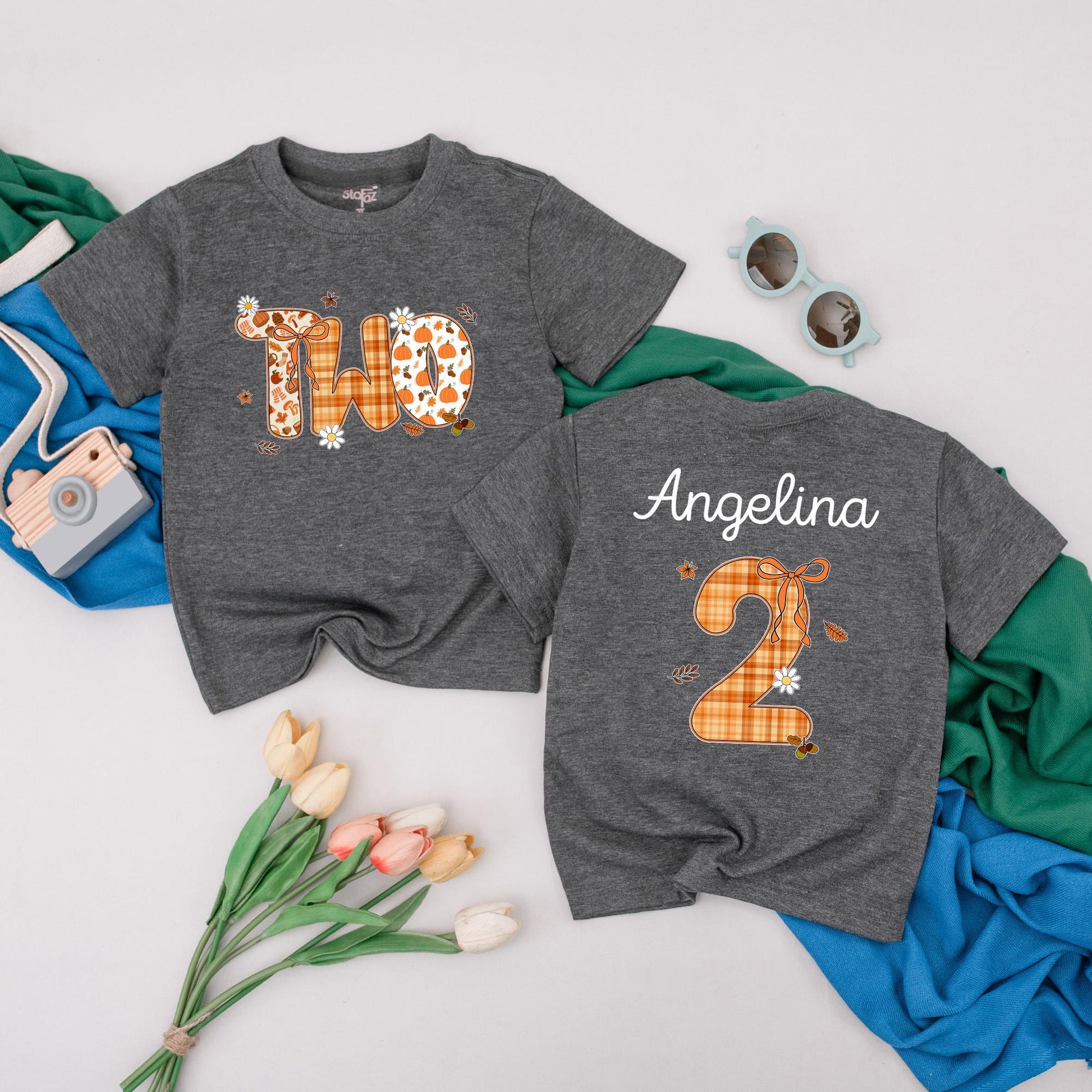 Personalized Fall Pumpkin Two Birthday Shirt Toddler Girl 2nd Celebration Outfit with Plaid Leaves Daisy Design Thanksgiving Gift Idea