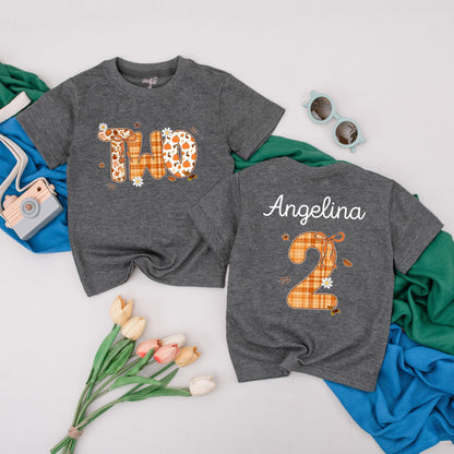 Personalized Fall Pumpkin Two Birthday Shirt Toddler Girl 2nd Celebration Outfit with Plaid Leaves Daisy Design Thanksgiving Gift Idea