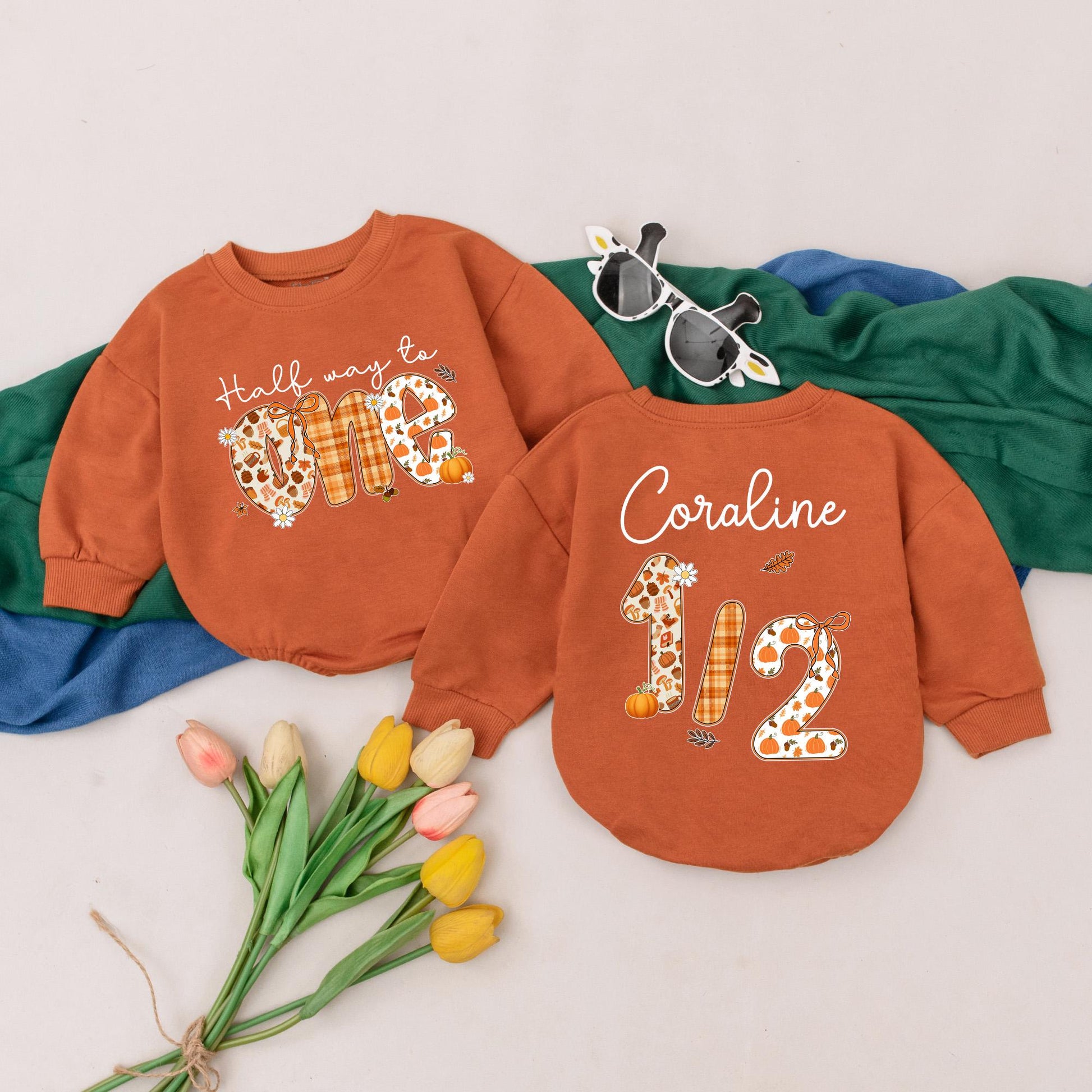 Half Way to One Pumpkin Romper 6 Months Birthday Outfit Baby Girl Thanksgiving Clothes Custom Name Fall Festive Gift