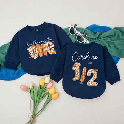 Half Way to One Pumpkin Romper 6 Months Birthday Outfit Baby Girl Thanksgiving Clothes Custom Name Fall Festive Gift
