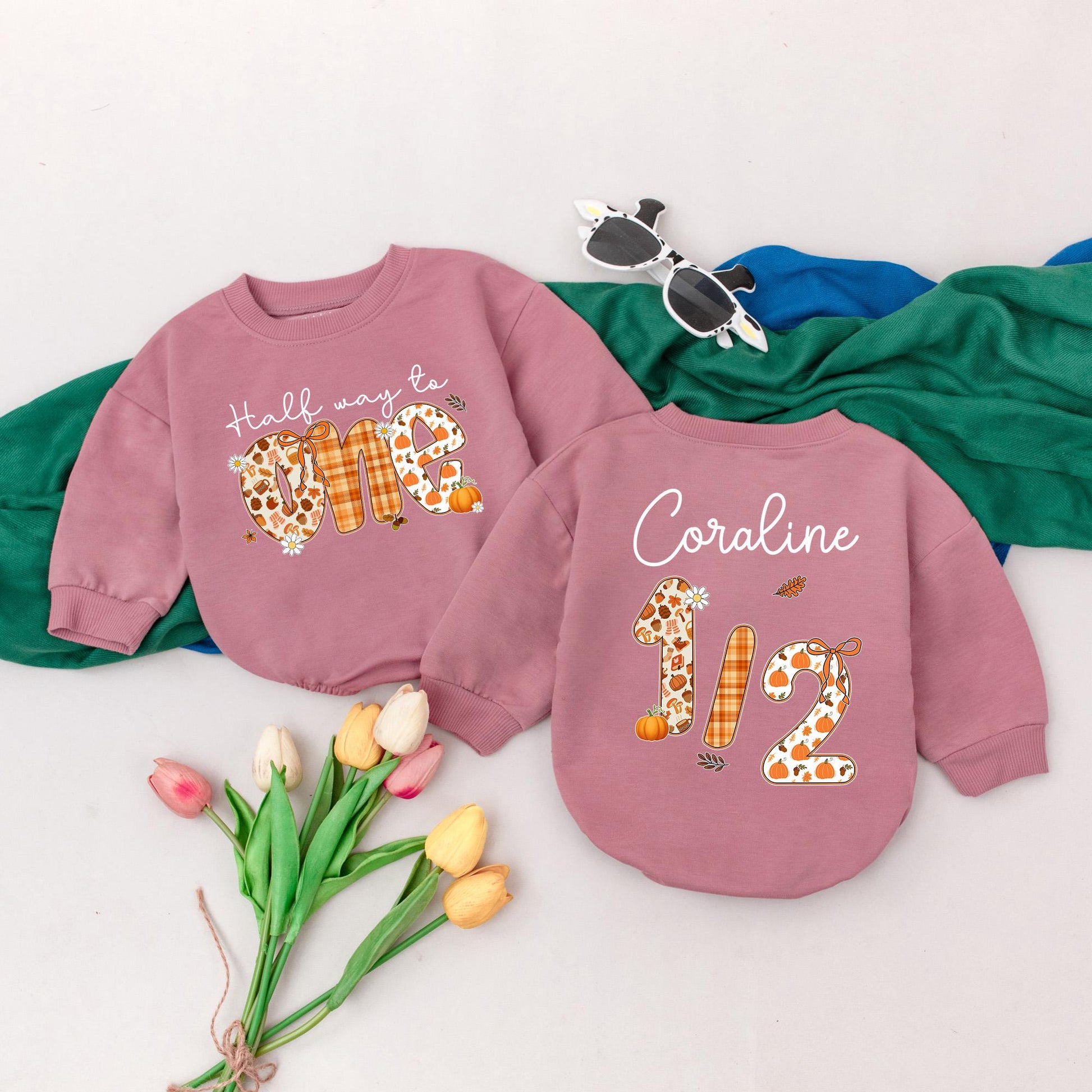 Half Way to One Pumpkin Romper 6 Months Birthday Outfit Baby Girl Thanksgiving Clothes Custom Name Fall Festive Gift