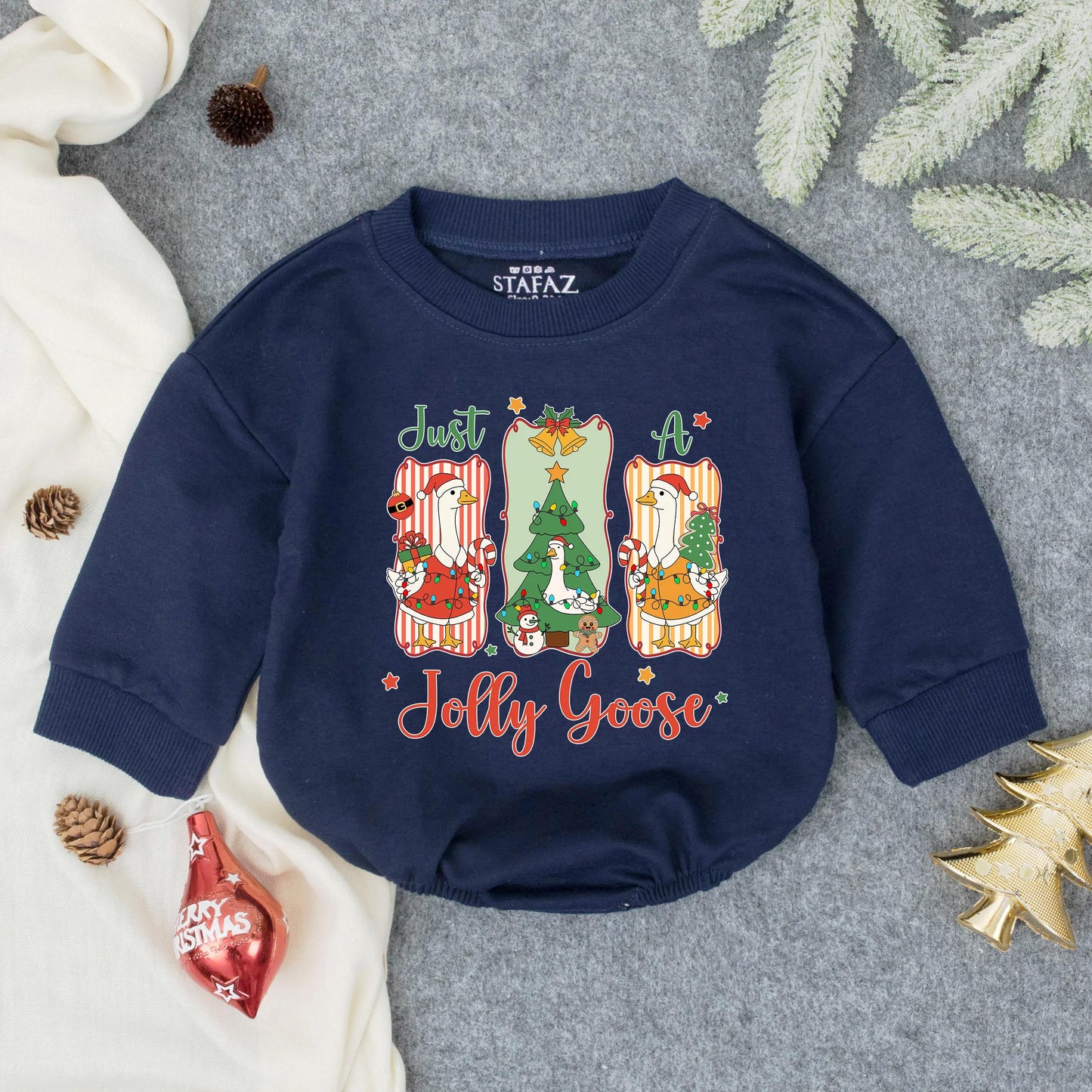 Jolly Goose Christmas Romper: Festive Holiday Outfit for Baby, First Christmas, Cute Infant Toddler Clothes, Baby Shower Gift, Preppy Cartoon Geese