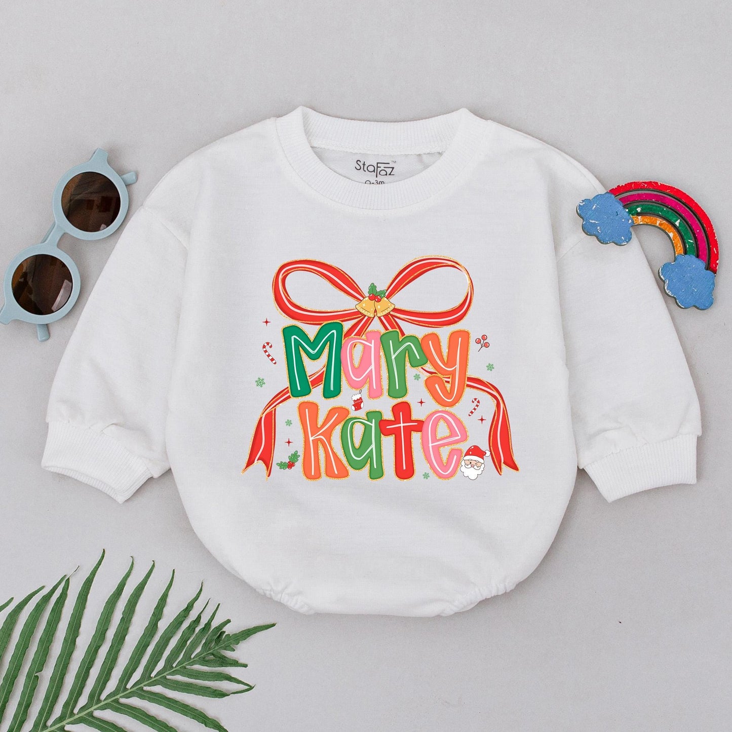 Mary Kate's First Christmas Romper: Personalized Name Bodysuit with Festive Bow & Bells, Winter Holiday Baby Outfit, Xmas Gift, Shower Present (139 chars)