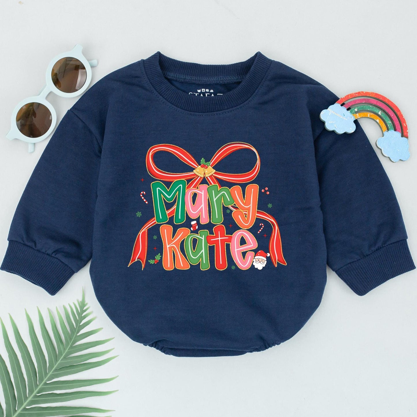 Mary Kate's First Christmas Romper: Personalized Name Bodysuit with Festive Bow & Bells, Winter Holiday Baby Outfit, Xmas Gift, Shower Present (139 chars)