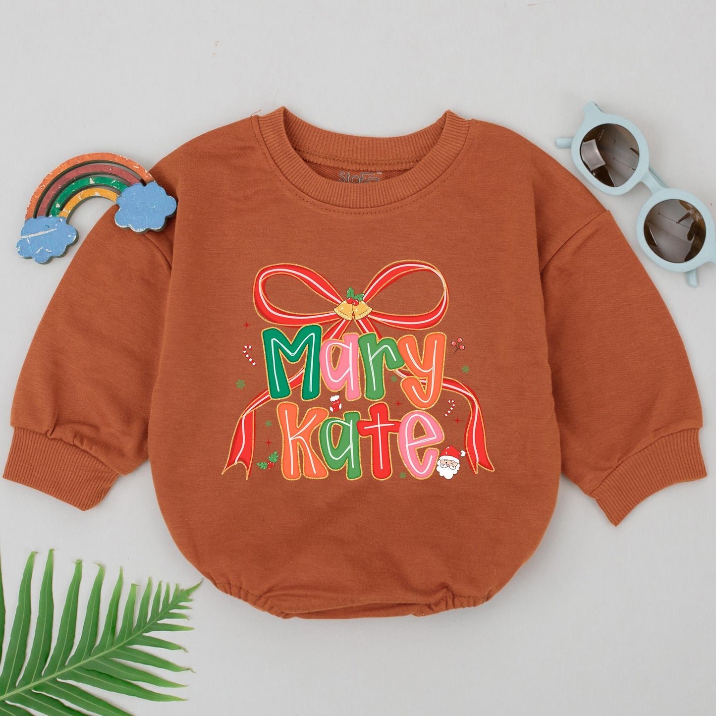 Mary Kate's First Christmas Romper: Personalized Name Bodysuit with Festive Bow & Bells, Winter Holiday Baby Outfit, Xmas Gift, Shower Present (139 chars)